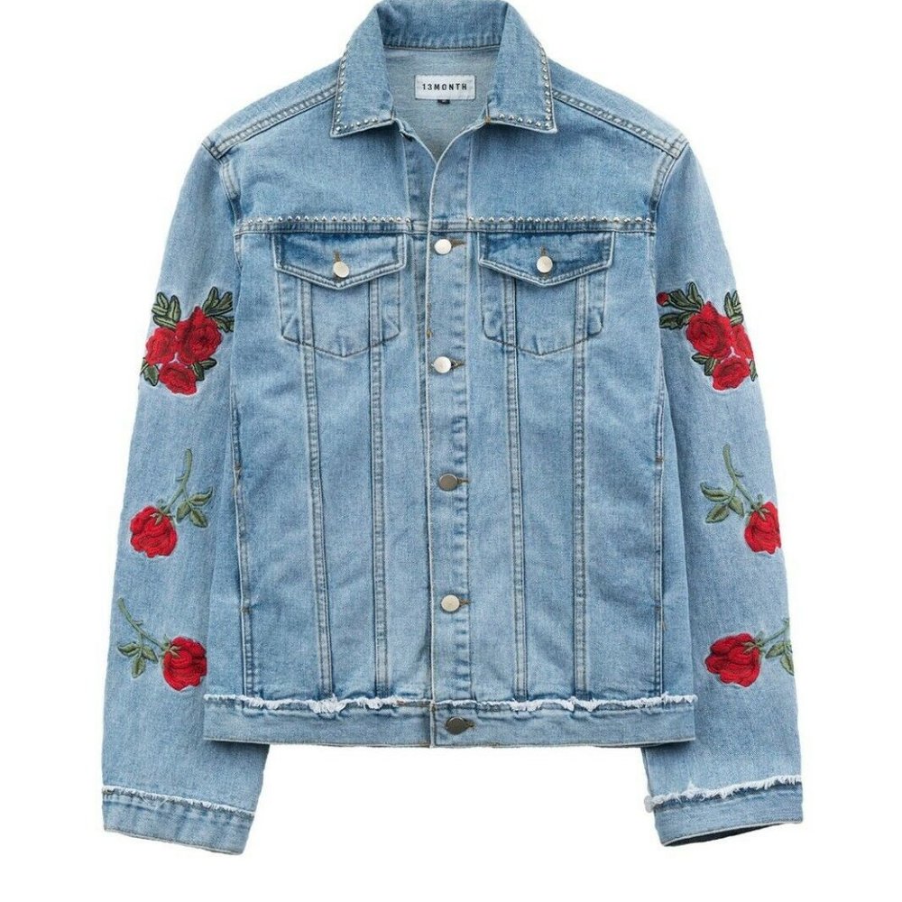 13 MONTH Rose Embroidered Rose Denim Jean Jacket Size Medium DAY6 MonstaX